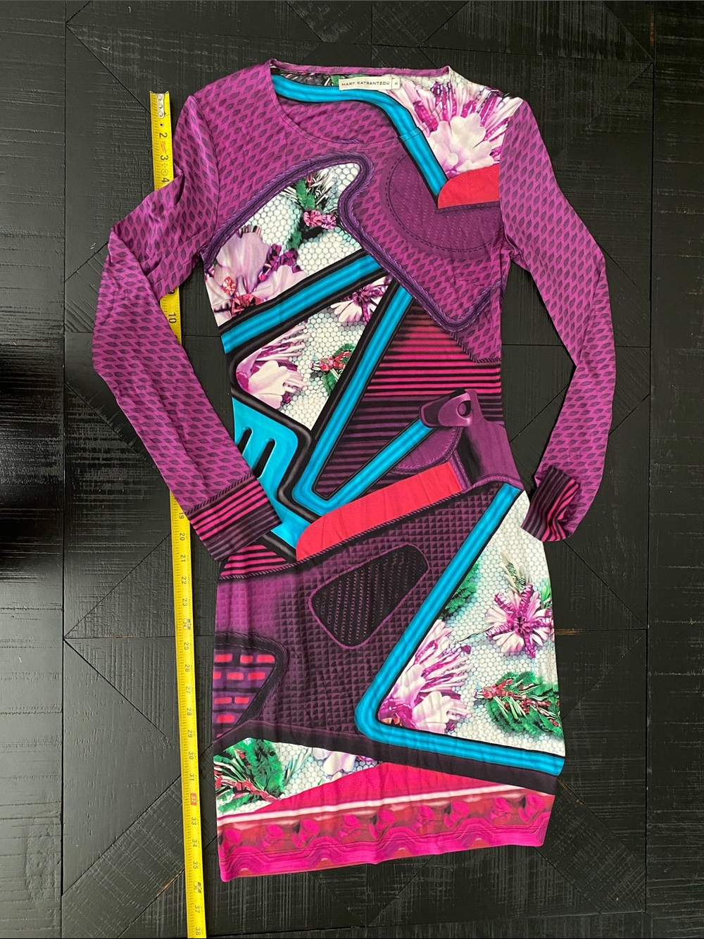 MARY KATRANTZOU Purple Floral-Print Long Sleeve Dress with Teal & Pink Accents